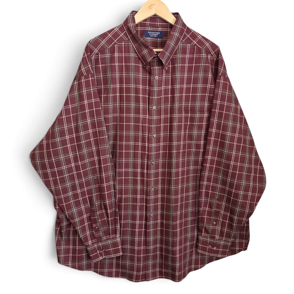 Roundtree & Yorke Shirt Mens 3X Button Down Burgundy Plaid Easy Care Cotton